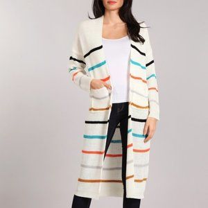 Sweater cardigan with colored stripes and front pockets